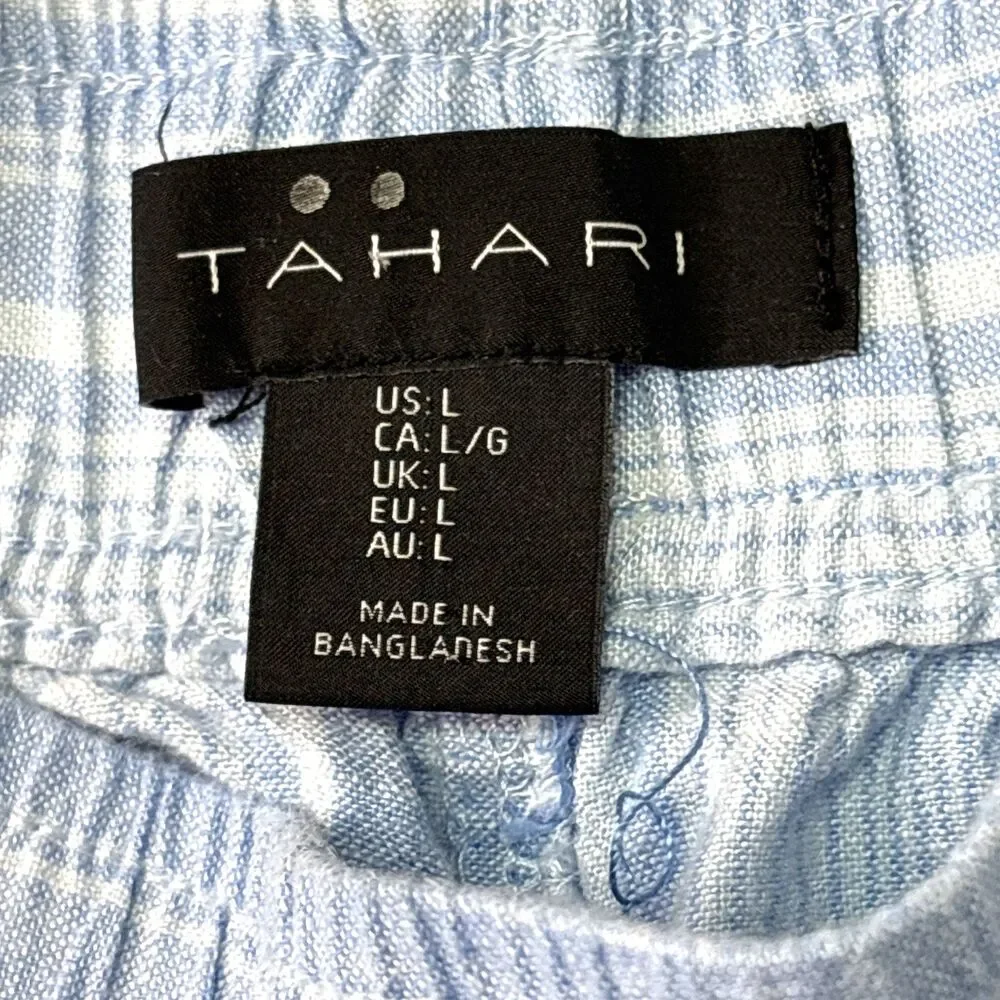 Tahari Women's Large Blue Linen Rayon Elastic Waist Casual Pants with Pockets